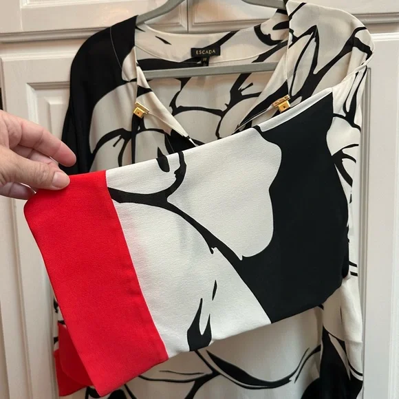 Escada 100% Silk Floral Tunic Dress with Pockets Black White Red Size 38 - Picture 9 of 15